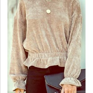 Crew Neck Plain Ruffles Corduroy Top